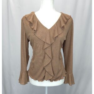 Y2K Vintage Brown Ruffle Bell Sleeve V-Neck Top Size L Fairycore Romantic Grunge